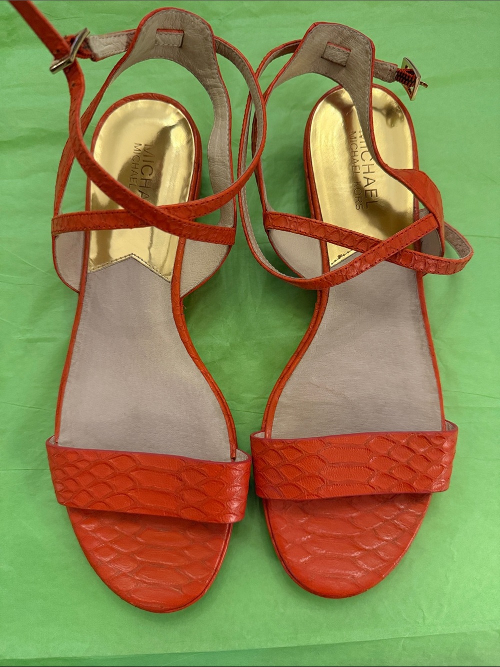 Michael Kors Orange Textured Strappy Heeled Sandals - Size US 10